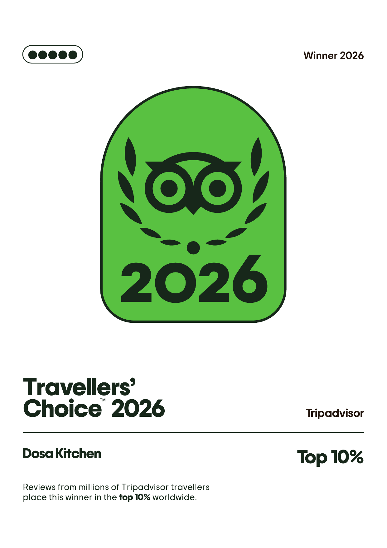 Tripadvisor Travellers’ Choice 2026 certificate for Dosa Kitchen — Top 10% worldwide